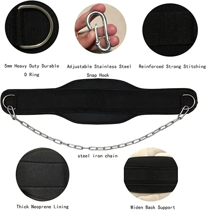 Weight Lifting Dip Belt | Neoprene Back Support – Chain Included
